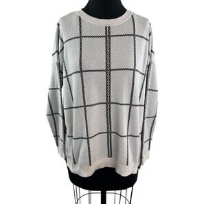 PLANET Lauren G Windowpane Check Cotton Sweater Long Sleeve Crewneck One Size